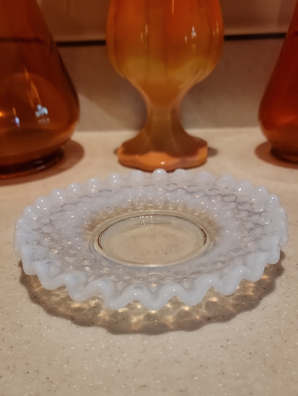 Fenton White Opalescent Hobnail Ruffled Edge Glass Plate